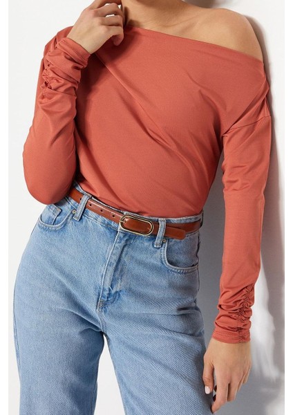 Stil Kadın Dökümlü Esnek Bluz Regular Örme Regular Kalıp Büzgülü/fırfırlı Kol