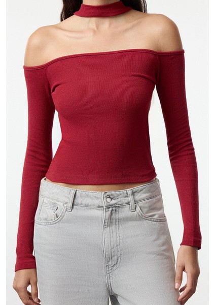 Stil Kadın Carmen Yaka Choker Detaylı Fitted Vücuda Oturan Fitilli Bluz Crop Örme Slim Kalıp modelleri