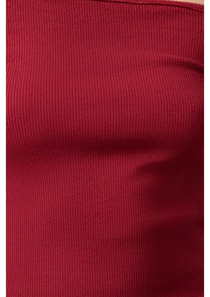 Stil Kadın Carmen Yaka Choker Detaylı Fitted Vücuda Oturan Fitilli Bluz Crop Örme Slim Kalıp fırsatları