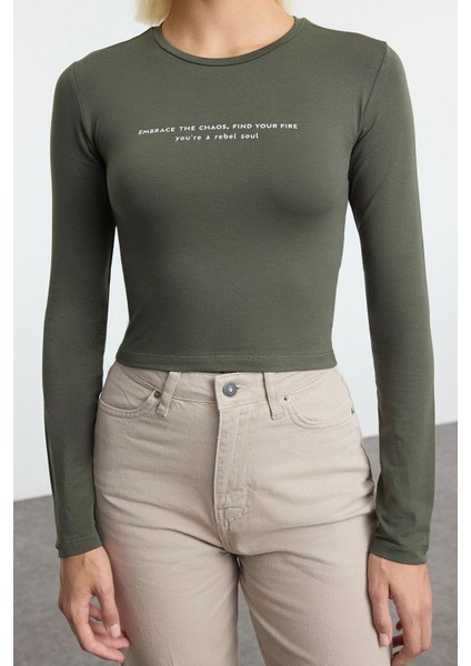 Stil Kadın Baskılı Vücuda Oturan Esnek Bluz Crop Örme Slim Kalıp modelleri