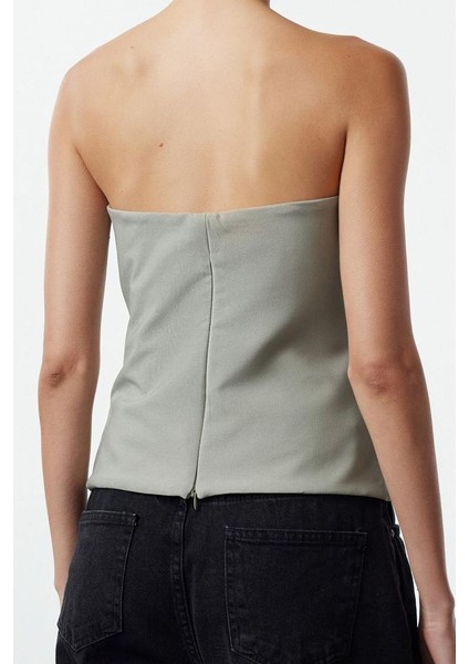 Kadın Moda Şık Üst Giyim Regular Straplez Yaka Slim Kalıp Dokuma Fitted Drapeli Bluz