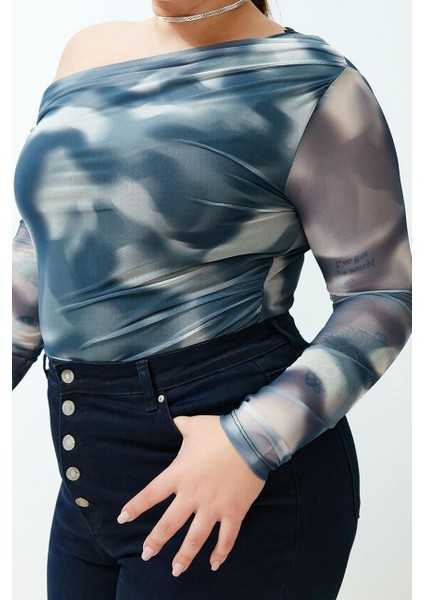 Stil Kadın Tül Astarlı Bluz Regular Örme Slim Kalıp Büyük Beden fırsatları