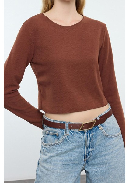 Stil Kadın Düşük Omuzlu Selanik Triko Görünümlü Bluz Crop Örme Regular Kalıp