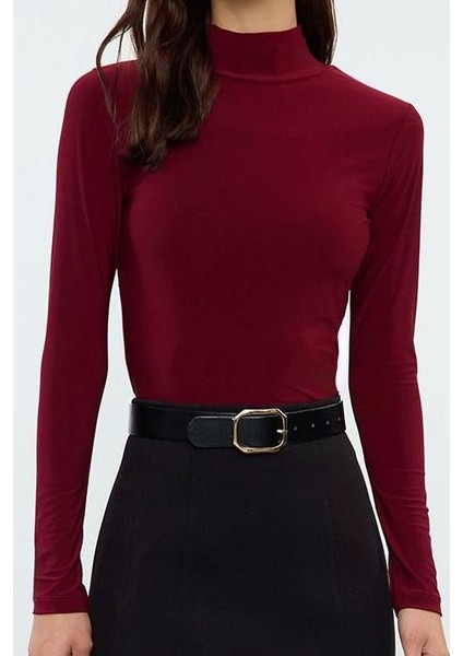 Kadın Moda Şık Regular Dik Yaka Slim Kalıp Örme Fitted Vücuda Oturan Kollu Fitilli Esnek Bluz