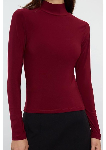 Kadın Moda Şık Regular Dik Yaka Slim Kalıp Örme Fitted Vücuda Oturan Kollu Fitilli Esnek Bluz fırsatları