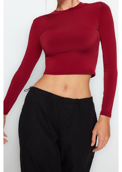 Stil Kadın Fitted Vücuda Oturan Kol Büzgülü Esnek Bluz Crop Örme Slim Kalıp