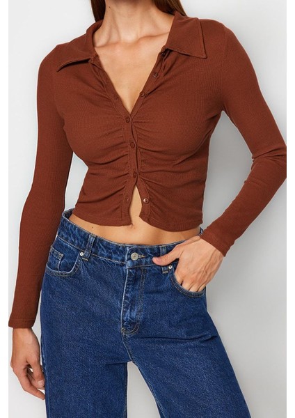 Stil Kadın Fitted Vücuda Oturan Fitilli Pamuklu Esnek Bluz Crop Örme Slim Kalıp