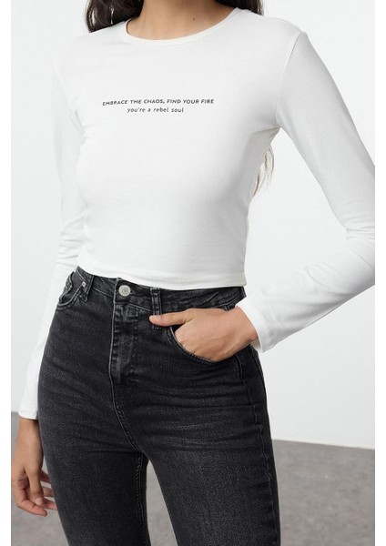 Stil Kadın Baskılı Vücuda Oturan Esnek Bluz Crop Örme Slim Kalıp