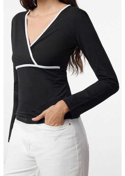 Stil Kadın Biye Detaylı Fitted Vücuda Oturan Bluz Regular Örme Slim Kalıp Reglan Kol