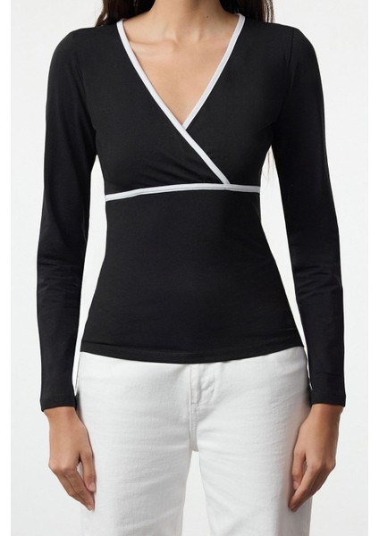 Stil Kadın Biye Detaylı Fitted Vücuda Oturan Bluz Regular Örme Slim Kalıp Reglan Kol modelleri