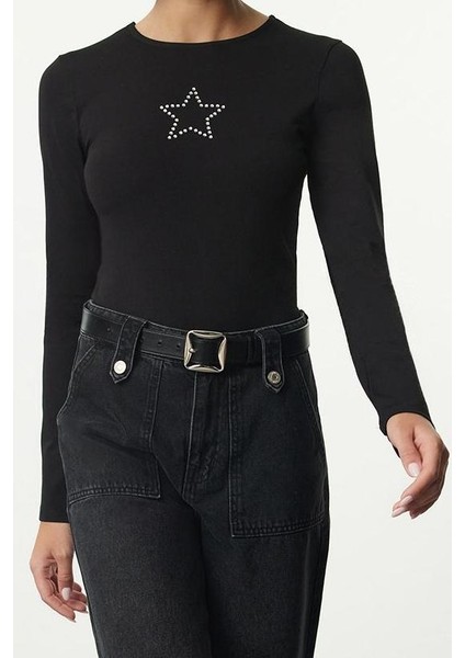 Stil Kadın Yıldız Taş Baskılı Fitted Vücuda Oturan Bluz Regular Örme Slim Kalıp