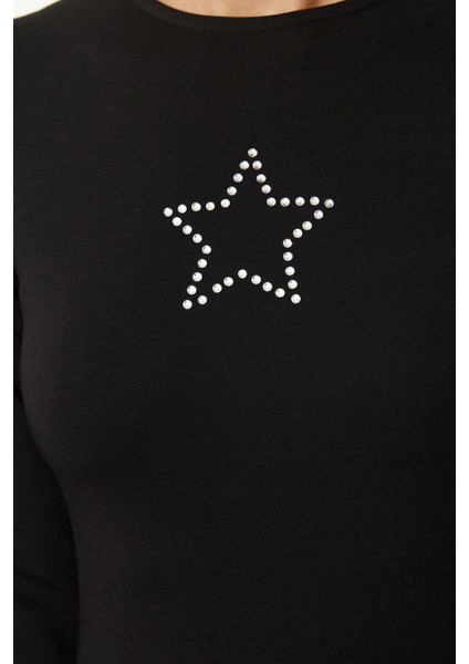 Stil Kadın Yıldız Taş Baskılı Fitted Vücuda Oturan Bluz Regular Örme Slim Kalıp fiyatları