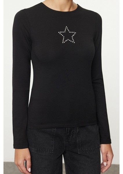 Stil Kadın Yıldız Taş Baskılı Fitted Vücuda Oturan Bluz Regular Örme Slim Kalıp modelleri