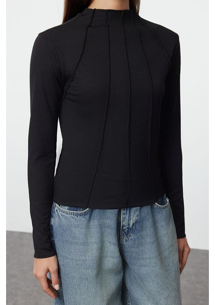 Kadın Standart Bisiklet Yaka Reglan Kol Regular Kalıp Örme Fitted Fermuarlı Biye Fitilli Esnek Bluz