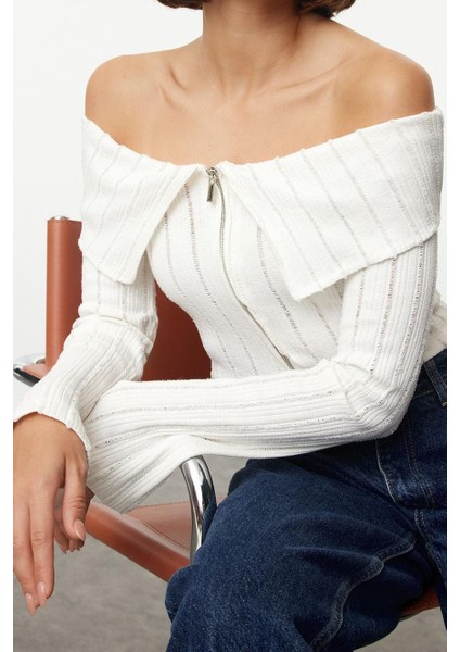 Stil Kadın Fermuar Detaylı Kısa Normal Kalıp Bluz Crop Örme Regular Kalıp Reglan Kol