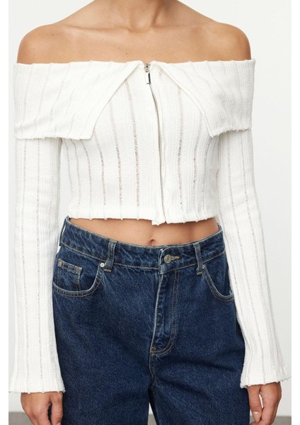 Stil Kadın Fermuar Detaylı Kısa Normal Kalıp Bluz Crop Örme Regular Kalıp Reglan Kol modelleri