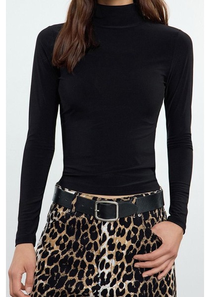 Stil Kadın Fitted Vücuda Oturan Kollu Fitilli Esnek Bluz Regular Örme Slim Kalıp