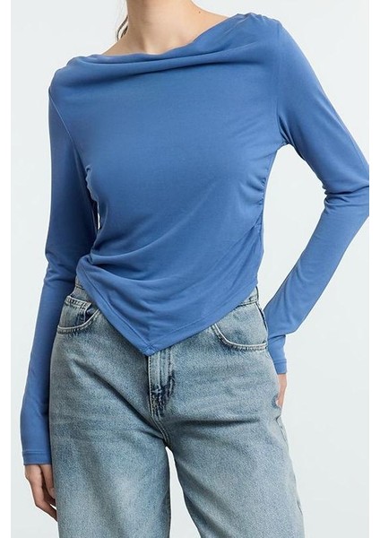 Kadın Moda Şık Regular Degaje Yaka Regular Kalıp Örme Modal Kumaş Drapeli Vatkalı Asimetrik Bluz fiyatları