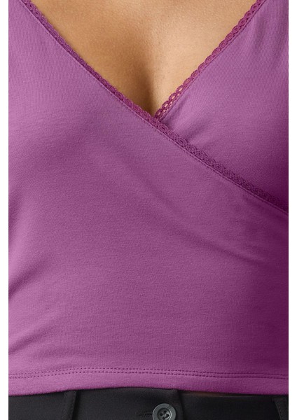 Stil Kadın Derin Yaka Dantel Detaylı Kol Pamuklu Esnek Bluz Crop Örme Slim Kalıp fırsatları