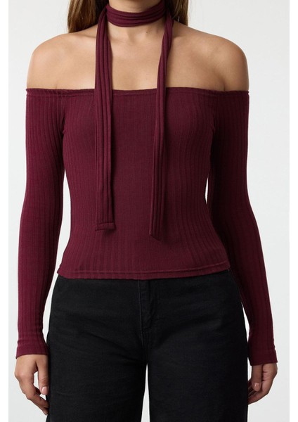 Kadın Moda Şık Crop Carmen Yaka Slim Kalıp Örme Fitilli Şal Detaylı Fitted Vücuda Oturan Esnek Bluz