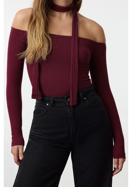 Kadın Moda Şık Crop Carmen Yaka Slim Kalıp Örme Fitilli Şal Detaylı Fitted Vücuda Oturan Esnek Bluz fiyatları