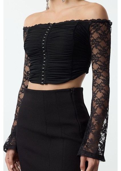 Stil Kadın Agraflı Dantel Bluz Crop Örme Fitted Kalıp