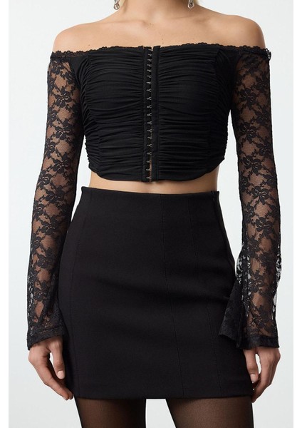 Stil Kadın Agraflı Dantel Bluz Crop Örme Fitted Kalıp modelleri