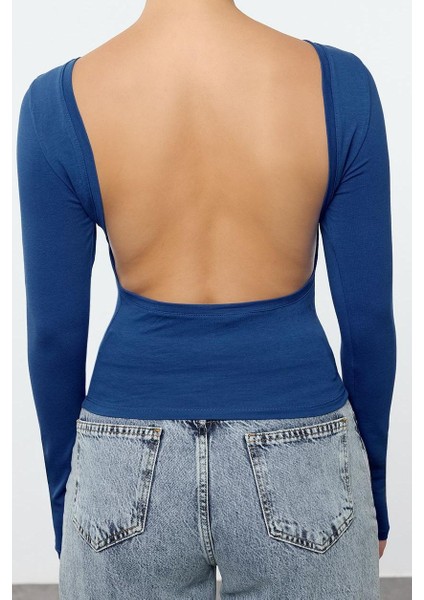 Stil Kadın Derin Sırt Dekolteli Fitted Vücuda Oturan Pamuklu Esnek Bluz Regular Örme Slim Kalıp indirimleri