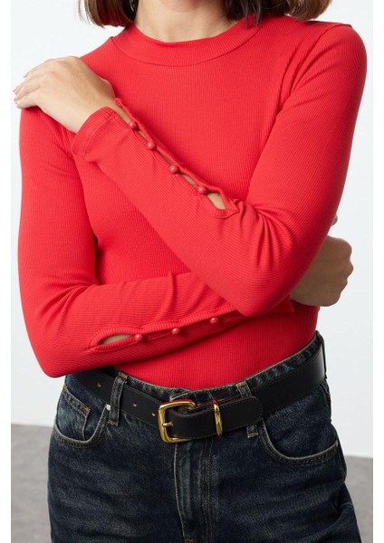 Stil Kadın Düğmeli Fitilli Fitted Vücuda Oturan Pamuklu Esnek Bluz Regular Örme Slim Kalıp
