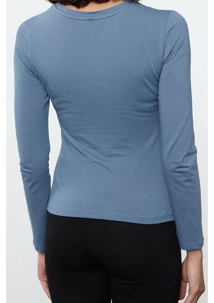 Kadın Moda Şık Regular Bisiklet Yaka Slim Kalıp Örme Tek Yırtmaç Detaylı Pamuklu Büzgülü Bluz