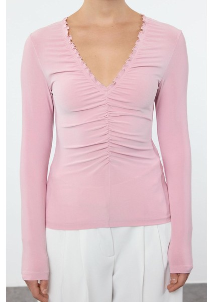 Kadın Moda Şık Üst Giyim Regular V Yaka Slim Kalıp Örme Büzgü Drape Detaylı Vücuda Oturan Esnek Bluz