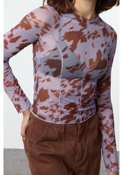 Stil Kadın Karyoka Dikişli Soyut Desenli Vücuda Oturan Kısa Bluz Crop Örme Slim Kalıp