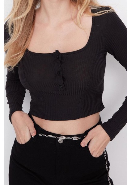 Stil Kadın Düğme Detaylı Fitted Vücuda Oturan Fitilli Esnek Bluz Crop Örme Slim Kalıp