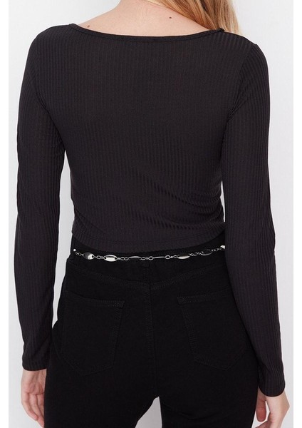 Stil Kadın Düğme Detaylı Fitted Vücuda Oturan Fitilli Esnek Bluz Crop Örme Slim Kalıp indirimleri