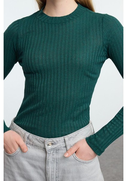 Stil Kadın Fitilli Esnek Fit Bluz Regular Örme Slim Kalıp