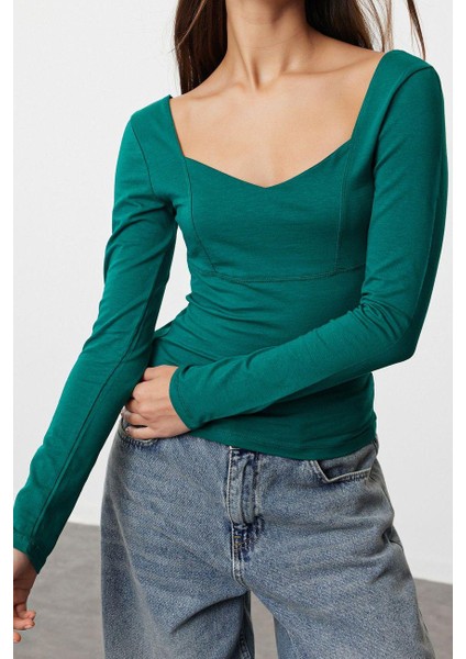 Stil Kadın Fitted Vücuda Oturan Kollu Pamuklu Esnek Bluz Regular Örme Slim Kalıp