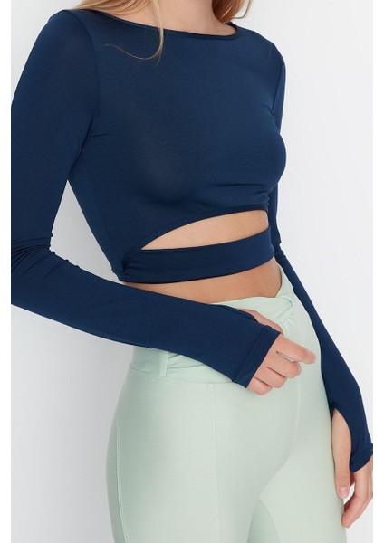 Stil Kadın Pencere Cut Out ve Baş Parmak Delik Detaylı Spor Üst Bluz Crop Örme Fitted Kalıp indirimleri