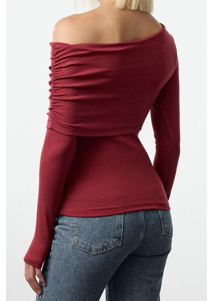 Kadın Moda Şık Üst Giyim Regular Asimetrik Yaka Slim Kalıp Örme Fitted Vücuda Oturan Esnek Bluz indirimleri