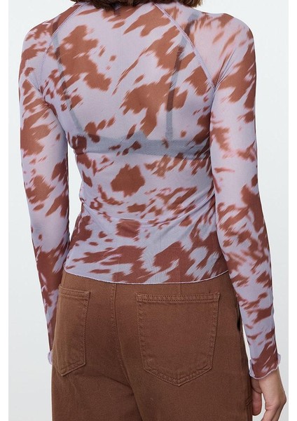 Stil Kadın Karyoka Dikişli Soyut Desenli Vücuda Oturan Kısa Bluz Crop Örme Slim Kalıp fırsatları