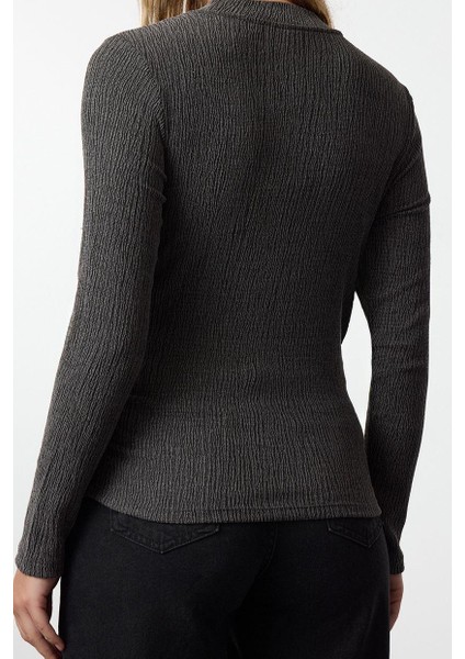 Stil Kadın Büzgü Drape Detaylı Normal Kalıp Bluz Regular Örme Slim Kalıp indirimleri