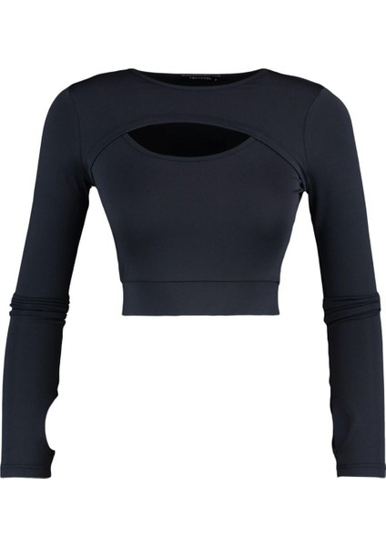 Stil Kadın Koyu Pencere Cut Out ve Baş Parmak Delik Detaylı Spor Üst Bluz Crop Örme Fitted Kalıp modelleri