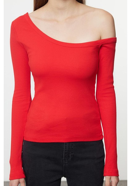Stil Kadın Fitted Vücuda Oturan Omzu Açık Fitilli Pamuklu Esnek Bluz Regular Örme Slim Kalıp