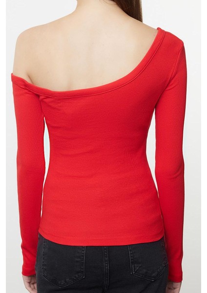 Stil Kadın Fitted Vücuda Oturan Omzu Açık Fitilli Pamuklu Esnek Bluz Regular Örme Slim Kalıp