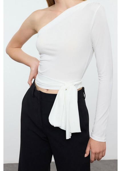 Stil Kadın Bağlama Detaylı Esnek Bluz Crop Örme Slim Kalıp Tek Kol