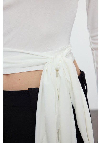 Stil Kadın Bağlama Detaylı Esnek Bluz Crop Örme Slim Kalıp Tek Kol