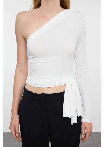 Stil Kadın Bağlama Detaylı Esnek Bluz Crop Örme Slim Kalıp Tek Kol