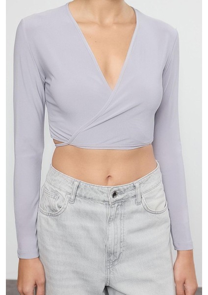 Kadın Moda Şık Üst Giyim Crop Kruvaze Yaka Slim Kalıp Örme Yaka Fitted Vücuda Oturan Esnek Bluz