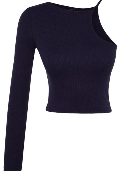 Kadın Moda Şık Crop Bisiklet Yaka Tek Kol Slim Kalıp Örme Fitilli Fitted Vücuda Oturan Esnek Bluz
