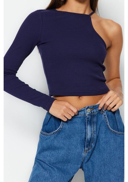 Kadın Moda Şık Crop Bisiklet Yaka Tek Kol Slim Kalıp Örme Fitilli Fitted Vücuda Oturan Esnek Bluz