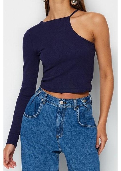 Kadın Moda Şık Crop Bisiklet Yaka Tek Kol Slim Kalıp Örme Fitilli Fitted Vücuda Oturan Esnek Bluz